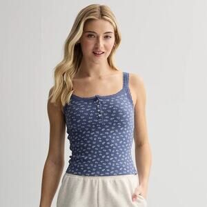 NWT SO Navy Blue Ditsy Floral Lace Trim Henley Tank Top Junior's Size XXL